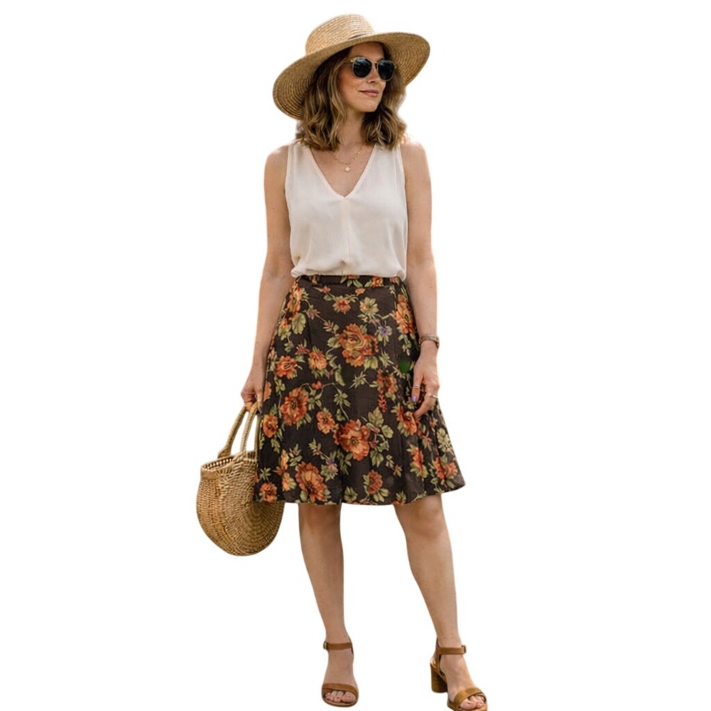 JONES NEW YORK Silk Floral‎ A-Line Skirt Brown Orange Botanical Knee Length 10